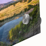 Yellowstone landscape depicted in large abstract wall art on acrylic glass, featuring earthy tones.