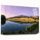 Acrylic print of Yellowstone scenery with vibrant green and blue tones, suitable for dining room decor.