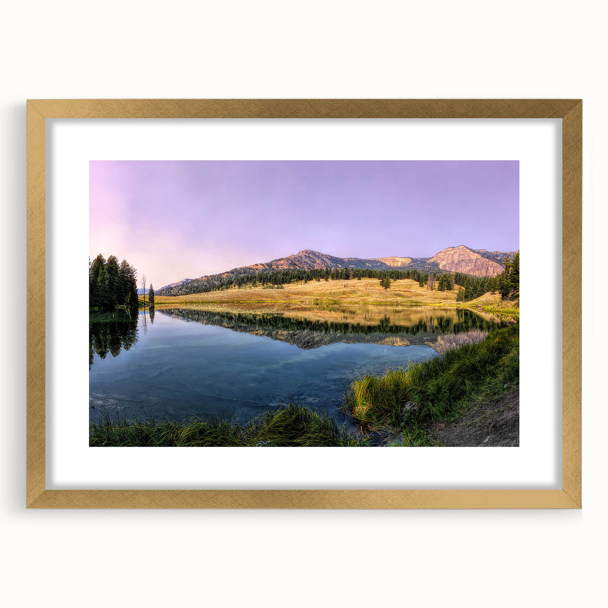 Extra large wall art depicting an abstract Yellowstone scenery in textured gold tones, framed with mat.