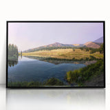 Large abstract wall art depicting Yellowstone scenery in muted earth tones on a black-framed acrylic print.