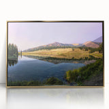 Mid-century modernist Yellowstone scenery in gold and green tones, acrylic print framed, ideal for modern art wall decor.