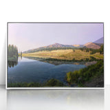 Acrylic print of Yellowstone scenery in art deco style, featuring muted earth tones, ideal for modern art wall decor.