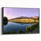 Black and white framed canvas of Yellowstone landscape, featuring vintage poster style, ideal for bedroom decor.