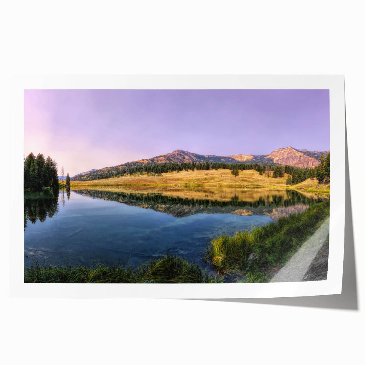 Yellowstone National Park landscape on rolled print, featuring muted green and blue tones, ideal for art wall dining room.
