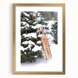 Extra large abstract art print featuring textured winter scene in muted blues and whites, framed in gold.