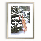 Textured art depicting abstract winter scene in muted blues and whites on a silver-framed poster, suitable for bedroom decor.