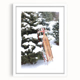 Abstract winter scene in muted blue and white tones on a framed canvas, suitable for dining room or bedroom decor.