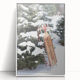 Art deco poster featuring a winter scene in muted blue and white hues, framed acrylic, ideal for nursery wall art.