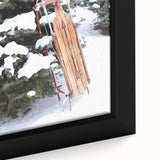 Close-up of black wall art featuring a textured winter scene with colorful accents on a framed canvas.