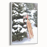 Vintage poster art depicting a winter scene on a framed canvas, featuring muted blue and white tones.