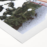 Art deco poster depicting a snowy landscape in muted blue and white tones, rolled canvas, suitable for dining room decor.