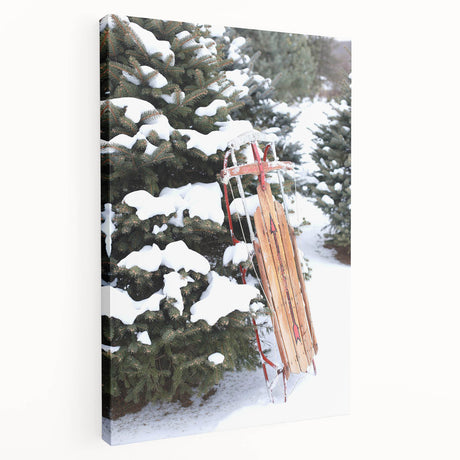 Winter scene with snow-covered trees on large stretched canvas, using muted blue and white tones, ideal for kitchen wall art.