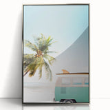 Mid-century modernist art featuring geometric shapes in pastel shades on a silver-framed acrylic.