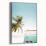 Landscape painting of a summer scene on framed canvas, featuring vivid colors with black and silver accents.