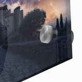 Close-up of a vibrant acrylic glass artwork depicting a stunning landscape with majestic castles, highlighting intricate details and rich colors, perfect for home decor enthusiasts.