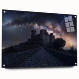 Acrylic glass artwork showcasing a vibrant landscape design with castles, presented in a side view. Features colorful details and decorative pins for display.