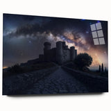 Acrylic glass display of a majestic landscape featuring a detailed castle, viewed from the side, showcasing vibrant colors and artistic depth, perfect for home decor.