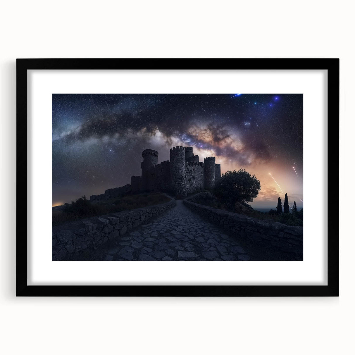 Framed landscape artwork showcasing a castle scene with a black mat, presented in a sleek black frame, ideal for home decor and art enthusiasts.