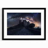 Framed landscape artwork showcasing a castle scene with a black mat, presented in a sleek black frame, ideal for home decor and art enthusiasts.