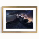 Elegant gold-framed landscape artwork featuring a majestic castle, surrounded by serene nature, with a textured mat enhancing its visual appeal. Perfect for home decor.