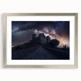 Framed landscape artwork showcasing a silver mat border around a scenic castle view, ideal for enhancing interior décor with elegance and charm.