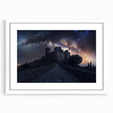 Elegant white-framed landscape artwork showcasing a castle surrounded by lush greenery, perfect for home decor. The mat adds a refined touch to the presentation.