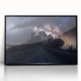 Framed acrylic artwork of a vibrant landscape featuring an ornate castle, presented in a sleek black frame, ideal for home decor or art collection enthusiasts.