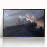 Framed acrylic art piece displaying a picturesque landscape of a castle, elegantly set within a gold frame, perfect for enhancing home decor with a touch of elegance.