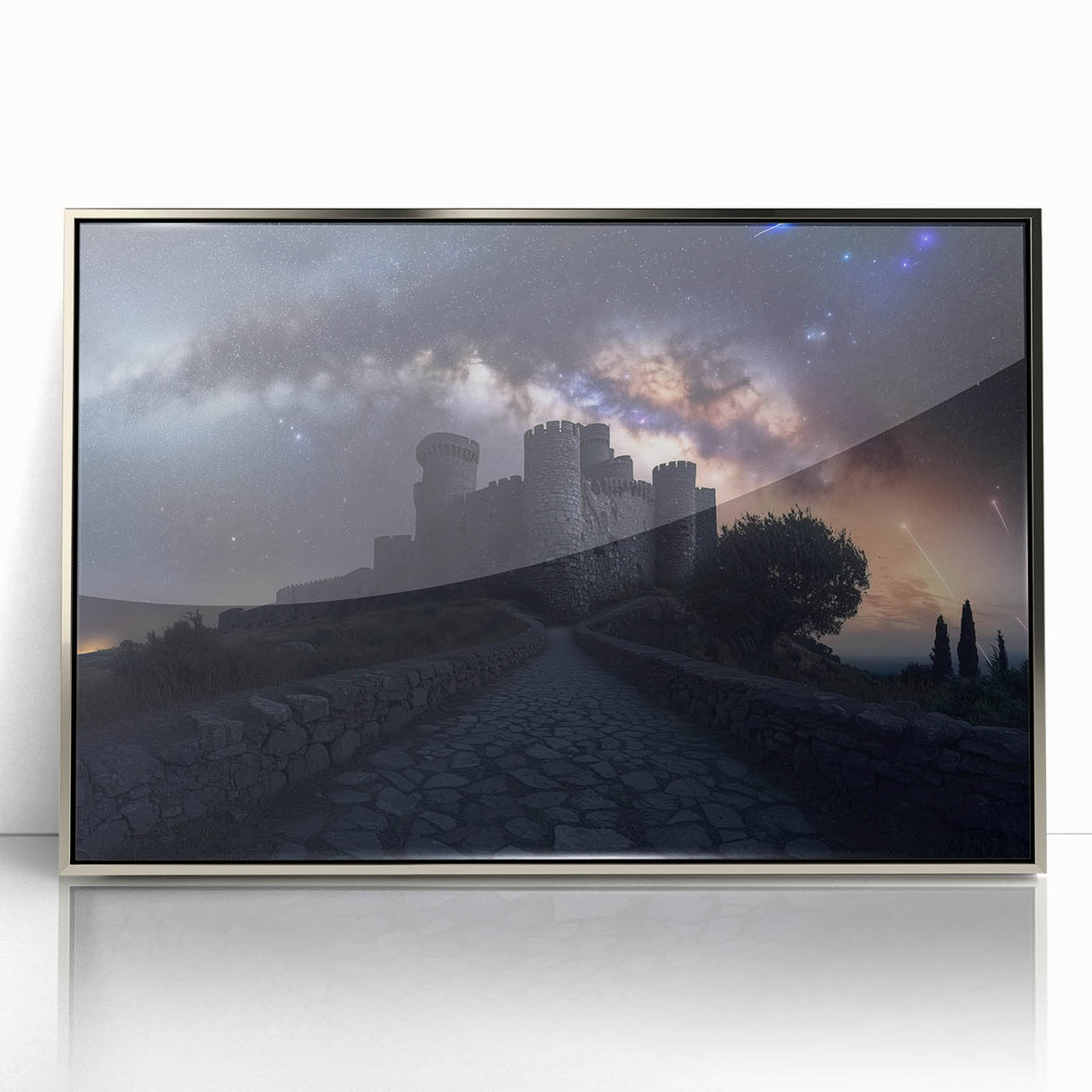 Framed acrylic artwork featuring a detailed landscape of a majestic castle, set in a silver frame, ideal for enhancing home decor with elegance. Perfect for art enthusiasts and collectors.
