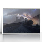 Framed acrylic print of a stunning landscape featuring a majestic castle surrounded by lush greenery, presented in a sleek white frame, ideal for home decor.