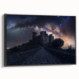 Framed canvas artwork showcasing a scenic landscape featuring a majestic castle, presented in a sleek black frame, ideal for home or office decor.