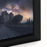 Close-up of a framed canvas depicting a vibrant landscape of a medieval castle surrounded by lush greenery, perfect for home decor enthusiasts.