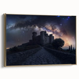 Framed canvas artwork titled "Design 100 Landscapes" showcasing a picturesque castle scene, featuring vibrant colors and a luxurious gold frame, perfect for home decor.