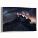 Framed canvas artwork titled "Design 100 Landscapes," showcasing a scenic castle landscape with vibrant colors and intricate details, elegantly displayed in a silver frame.