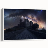 Framed canvas artwork showcasing a picturesque landscape of a majestic castle, presented in a sleek white frame. Ideal for home decor and art enthusiasts, this piece enhances any room with its vibrant colors and intricate details.