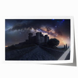 Rolled print showcasing a detailed landscape of a majestic castle surrounded by lush greenery, designed for home decor enthusiasts and art collectors. The vivid colors and intricate details make it a perfect addition to any space, packaged securely in a cardboard tube for safe delivery.