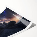 Rolled print showcasing an intricate landscape of a medieval castle surrounded by vibrant greenery, presented in a protective cardboard tube for shipping.