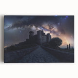 Stretched canvas artwork displaying a scenic landscape featuring a majestic castle surrounded by lush greenery and a clear blue sky, ideal for home decor.