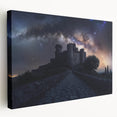 Stretched canvas artwork showcasing a stunning landscape of a castle surrounded by lush greenery and a vibrant sky, perfect for home decor and art enthusiasts.