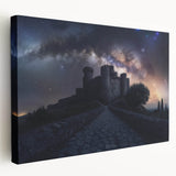 Stretched canvas artwork showcasing a stunning landscape of a castle surrounded by lush greenery and a vibrant sky, perfect for home decor and art enthusiasts.
