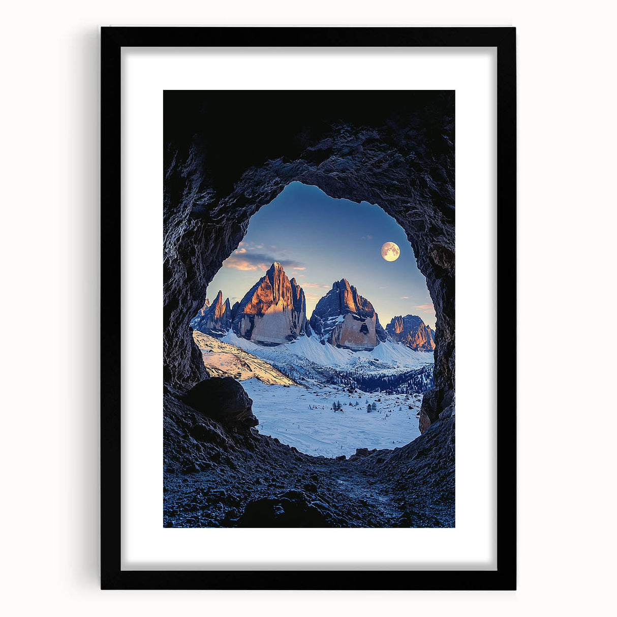 Framed landscape artwork showcasing a stunning cave scene, with a black mat for added elegance, ideal for enhancing home decor and showcasing natural beauty.