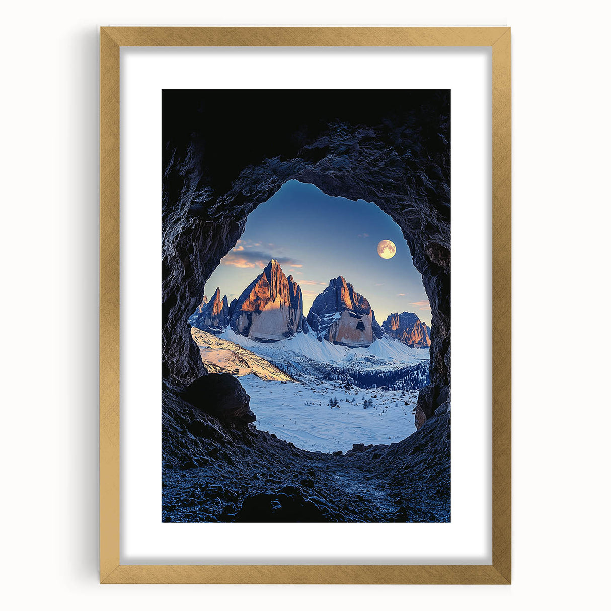 Elegant gold-framed landscape art print featuring a cave scene, accented with a white mat, perfect for enhancing home decor and adding a touch of nature-inspired beauty.