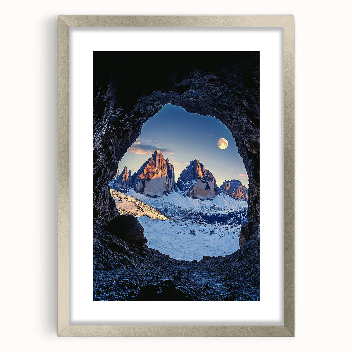 Framed landscape art print showcasing a serene cave scene, featuring a silver mat and sleek frame design, perfect for enhancing home decor aesthetics.