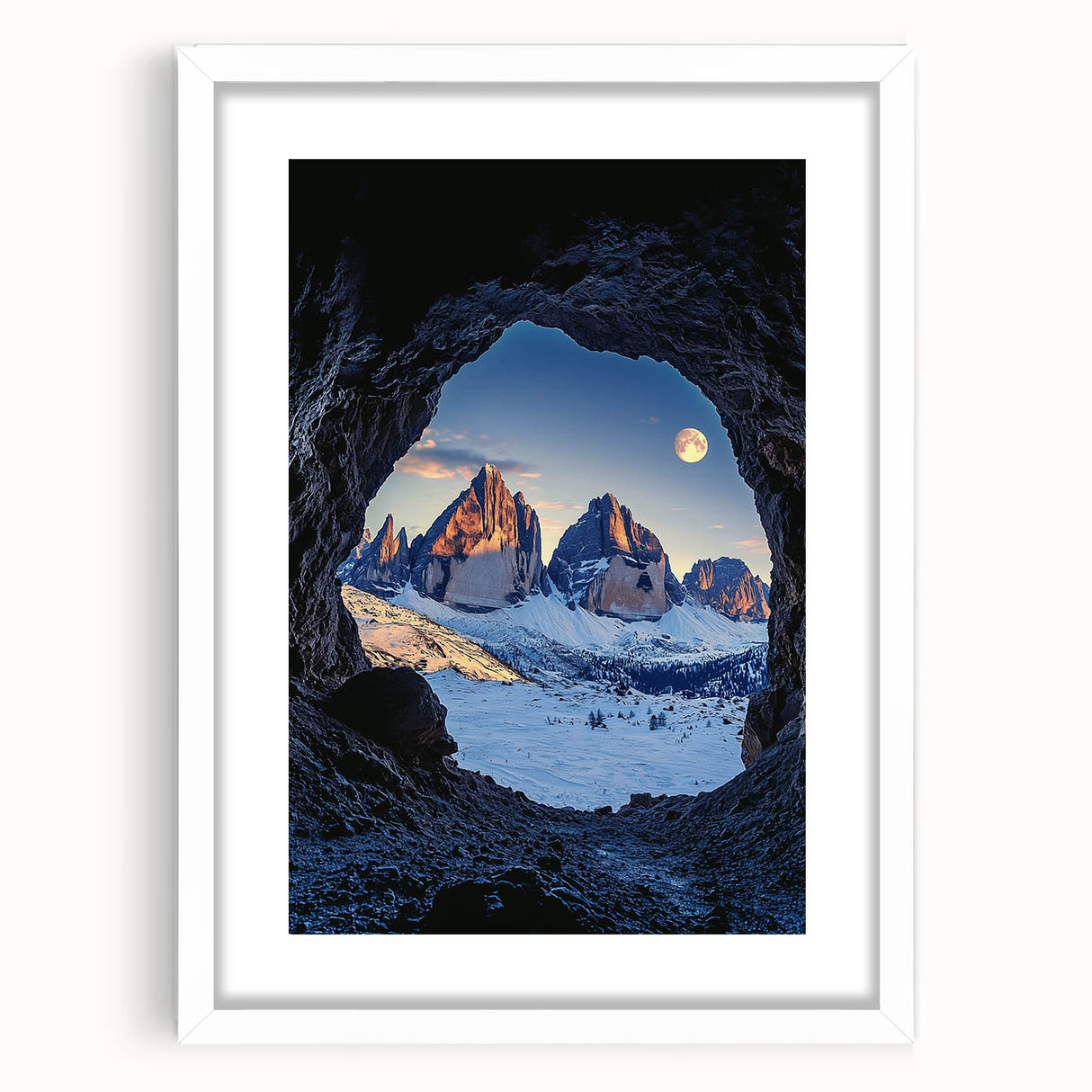 Framed artwork featuring a stunning landscape of caves, set against a white mat background, ideal for home decor and nature enthusiasts. Perfect for adding elegance to living spaces.
