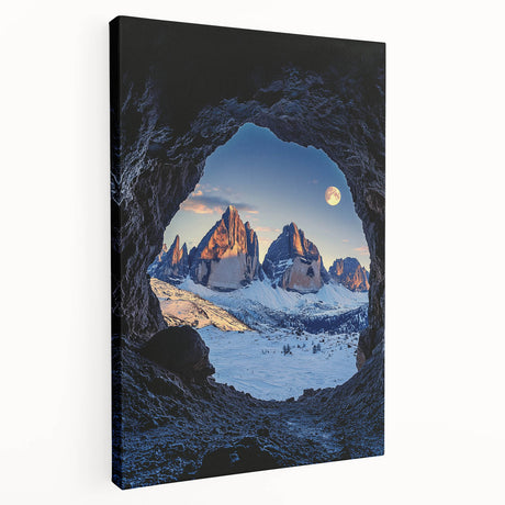 Stretched canvas artwork depicting a serene landscape with caves, showcasing rich earthy tones and intricate details, perfect for home decor and enhancing ambiance.