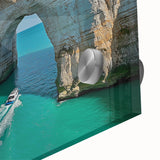 Close-up of a vibrant acrylic landscape artwork showcasing rugged cliffs and dramatic skies, emphasizing rich colors and intricate details in texture, perfect for modern decor.