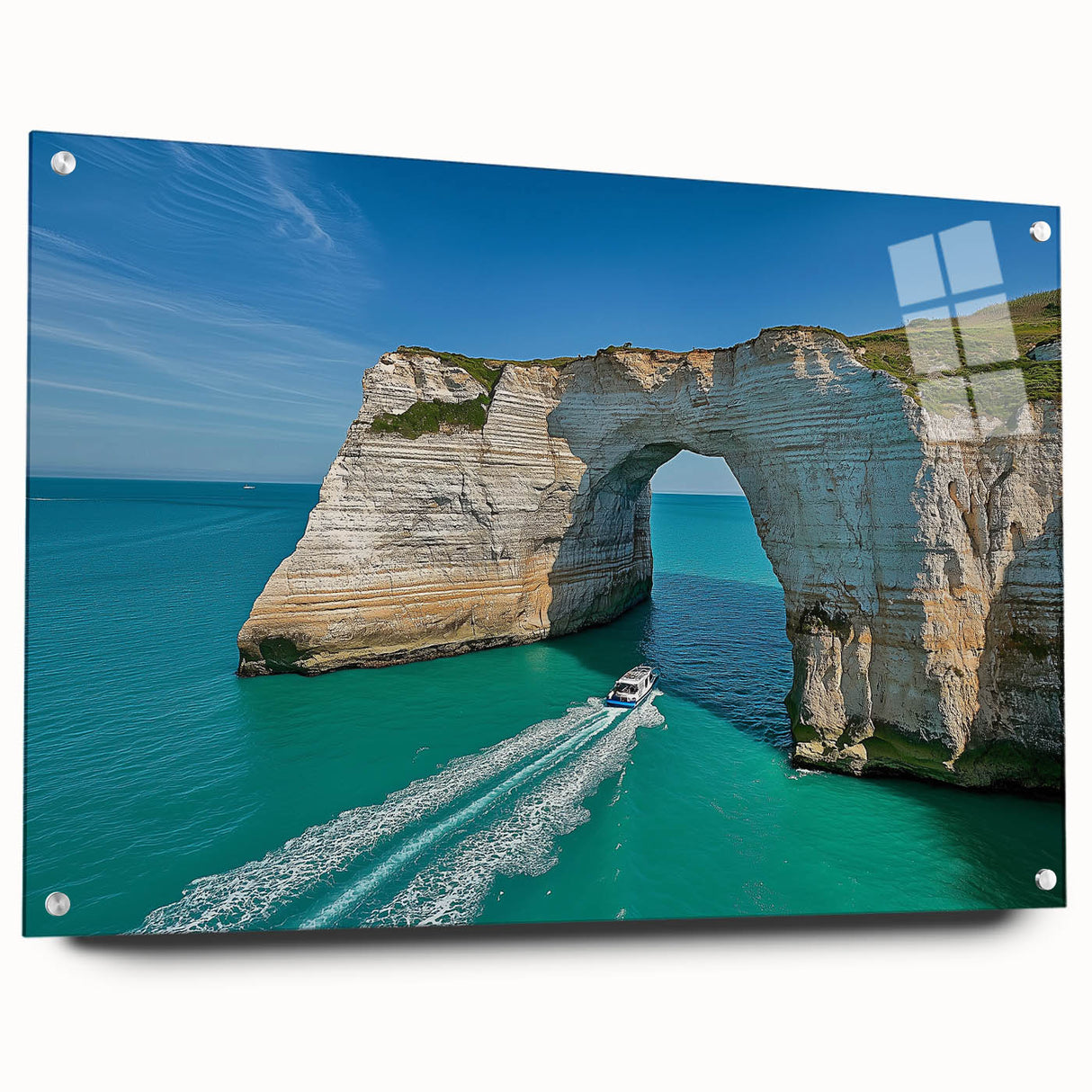 Acrylic glass artwork showcasing a stunning landscape of cliffs in vibrant colors, displayed from a side view with decorative pins, perfect for modern decor.