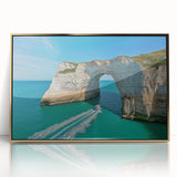 Framed acrylic artwork depicting a stunning landscape of dramatic cliffs with rich gold accents, ideal for enhancing modern home decor and art collections.