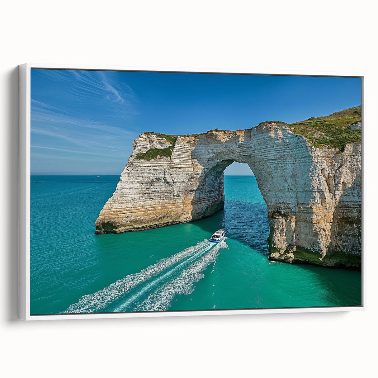 Framed canvas artwork showcasing a breathtaking cliff landscape in vibrant colors, presented in a sleek white frame, ideal for modern home decor. Perfect for enhancing any living space with nature-inspired elegance.