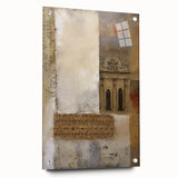 Abstract architectural wall art design on acrylic glass, showcasing vibrant colors and geometric patterns, elegantly displayed with visible mounting pins for a modern aesthetic.